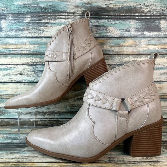 Frye and Co Harness Ankle Boot 9.5 Beige Western Zip Cowgirl Block Heel Booties - Picture 2 of 12